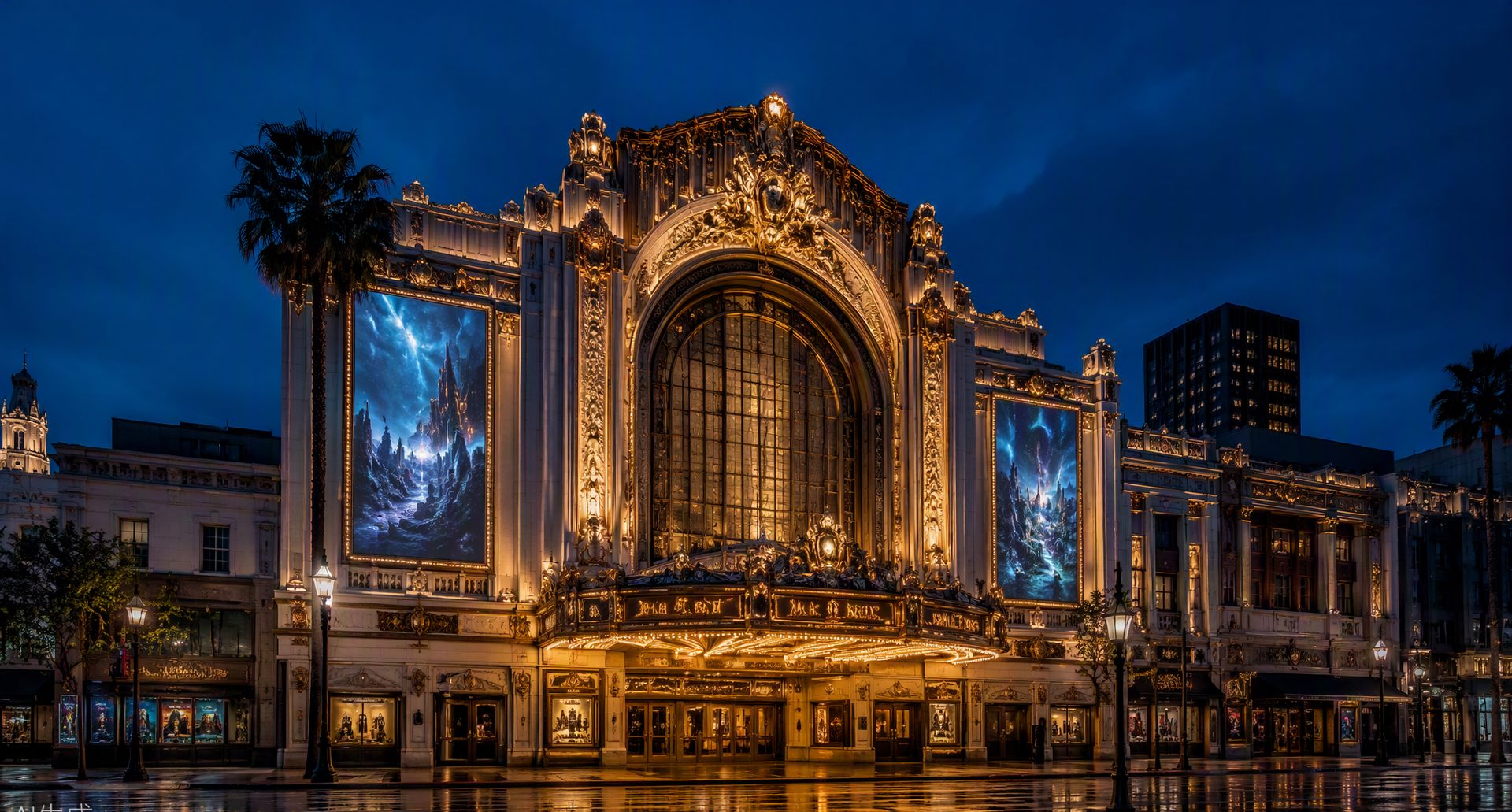 Illustrative venue exterior with digital displays