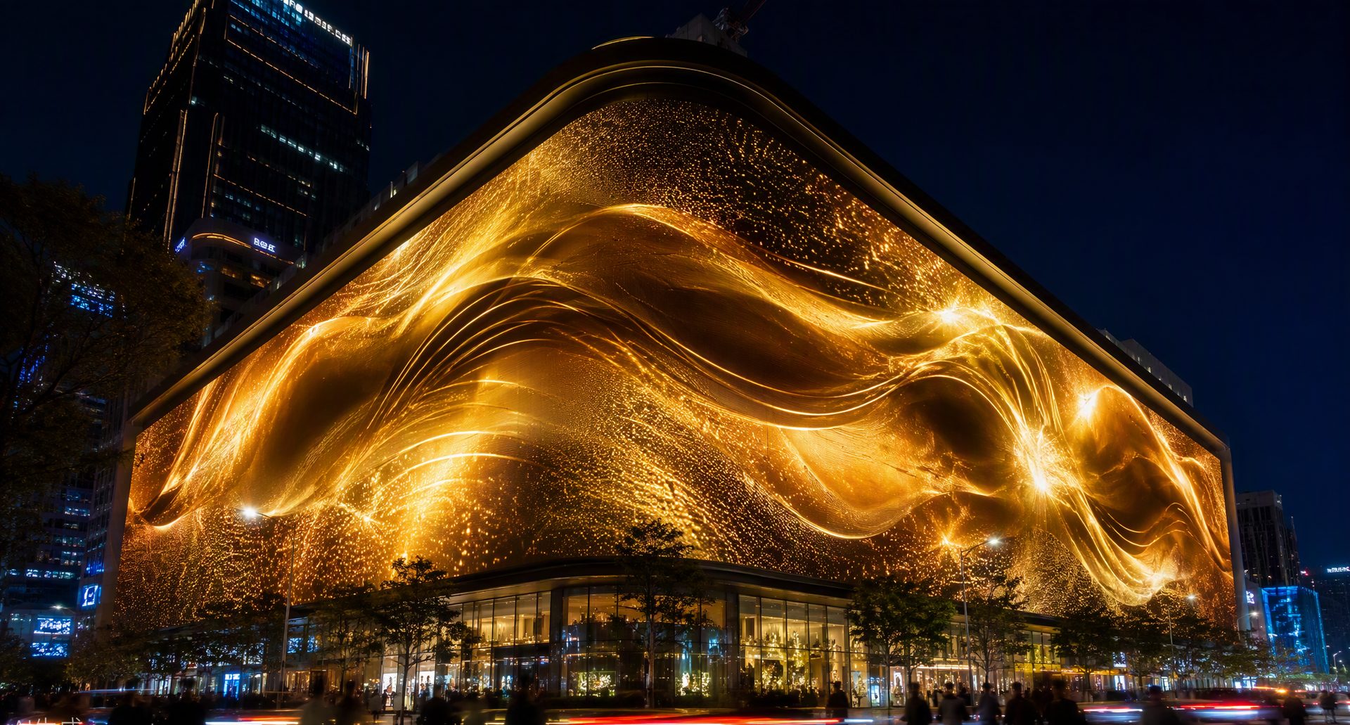 Illustrative large exterior digital display at night