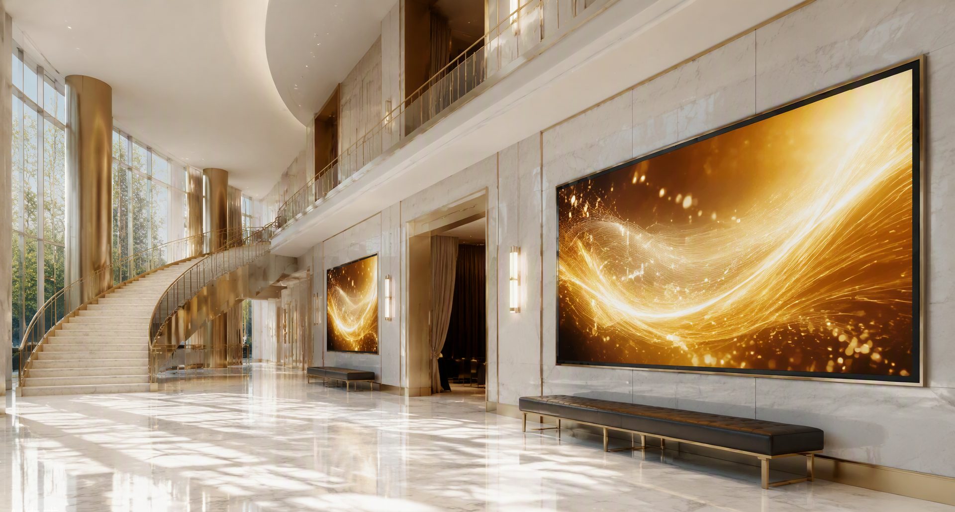 Illustrative bright lobby with digital displays