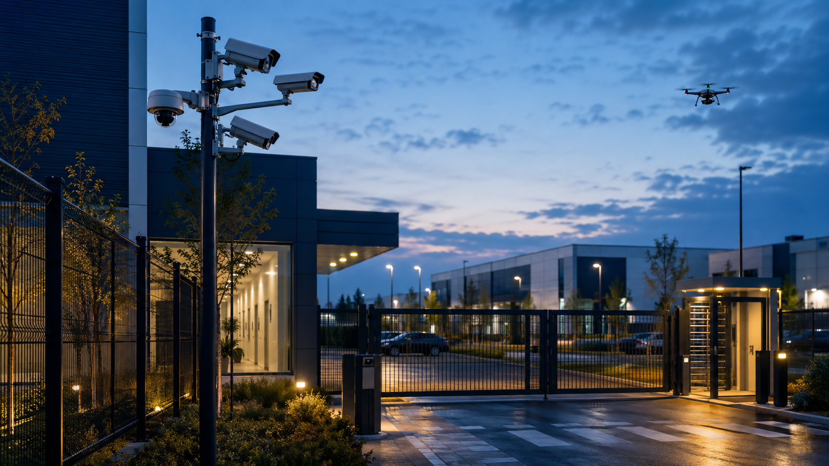 Illustrative secure campus with perimeter fencing, controlled gate, cameras and an inspection drone